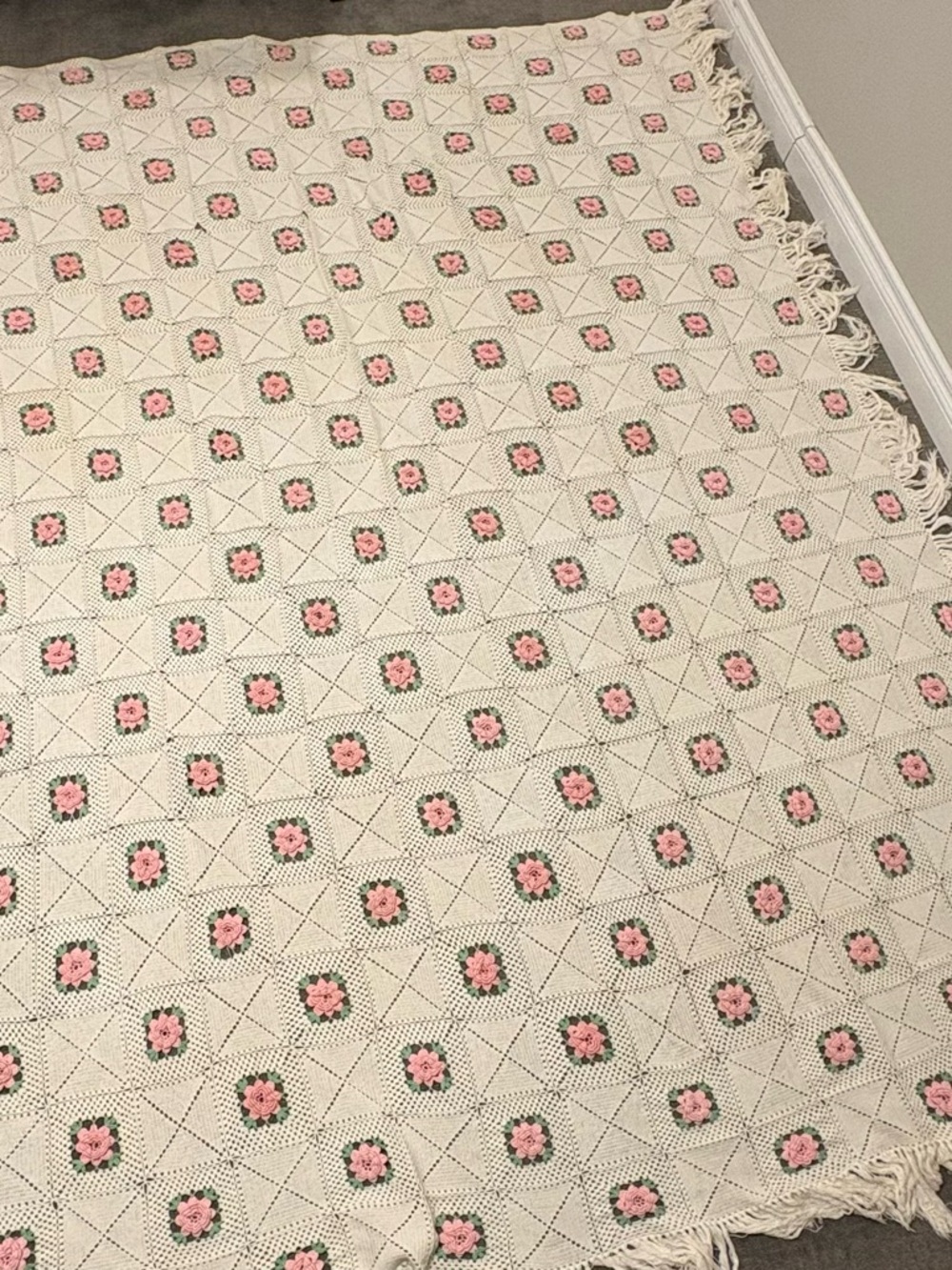 King size Handmade Crochet Floral Throw Blanket in Pink and Cream
